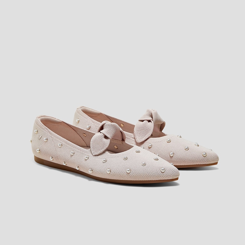 Pointed-Toe Bow Flats (Addriane), BALLET BLUSH PEARLS | VIVAIA