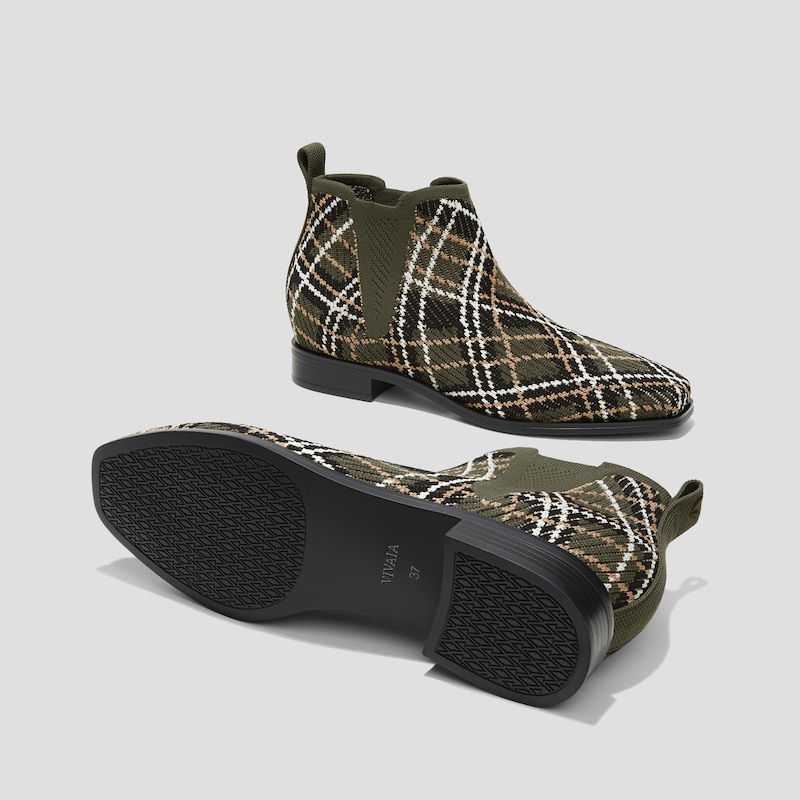 Slip-On Square-Toe Ankle Chelsea Boots (Ryan Slip-On), DARK OLIVE LINED PLAID, EU35 | VIVAIA