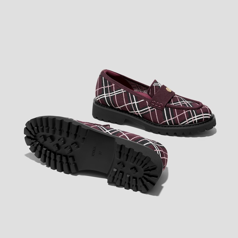 Round-Toe Platform Chunky Heel Loafers (Francesca), BURGUNDY LINED PLAID, EU35 | VIVAIA