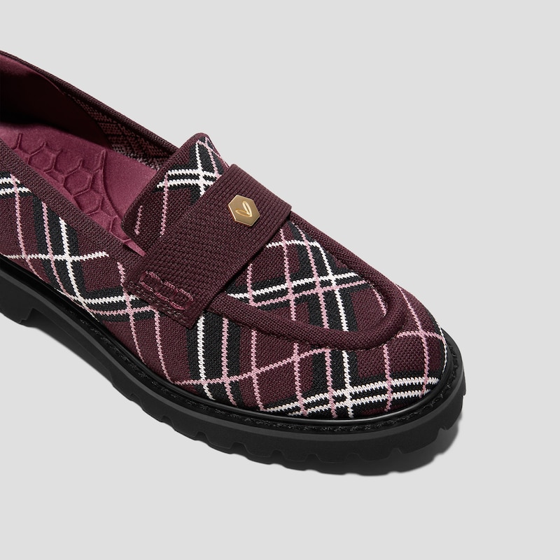 Round-Toe Platform Chunky Heel Loafers (Francesca), BURGUNDY LINED PLAID, EU35 | VIVAIA