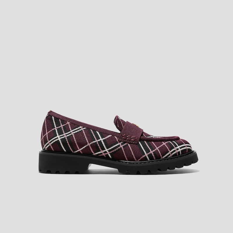 Round-Toe Platform Chunky Heel Loafers (Francesca), BURGUNDY LINED PLAID, EU35 | VIVAIA