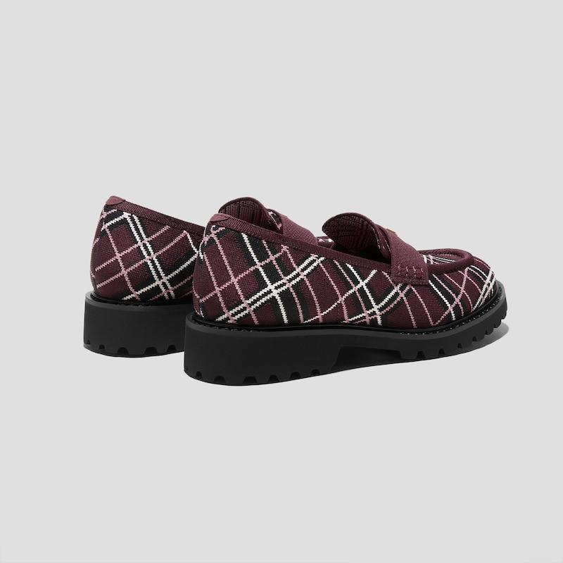Round-Toe Platform Chunky Heel Loafers (Francesca), BURGUNDY LINED PLAID, EU35 | VIVAIA