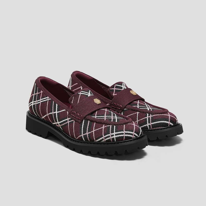 Round-Toe Platform Chunky Heel Loafers (Francesca), BURGUNDY LINED PLAID, EU35 | VIVAIA