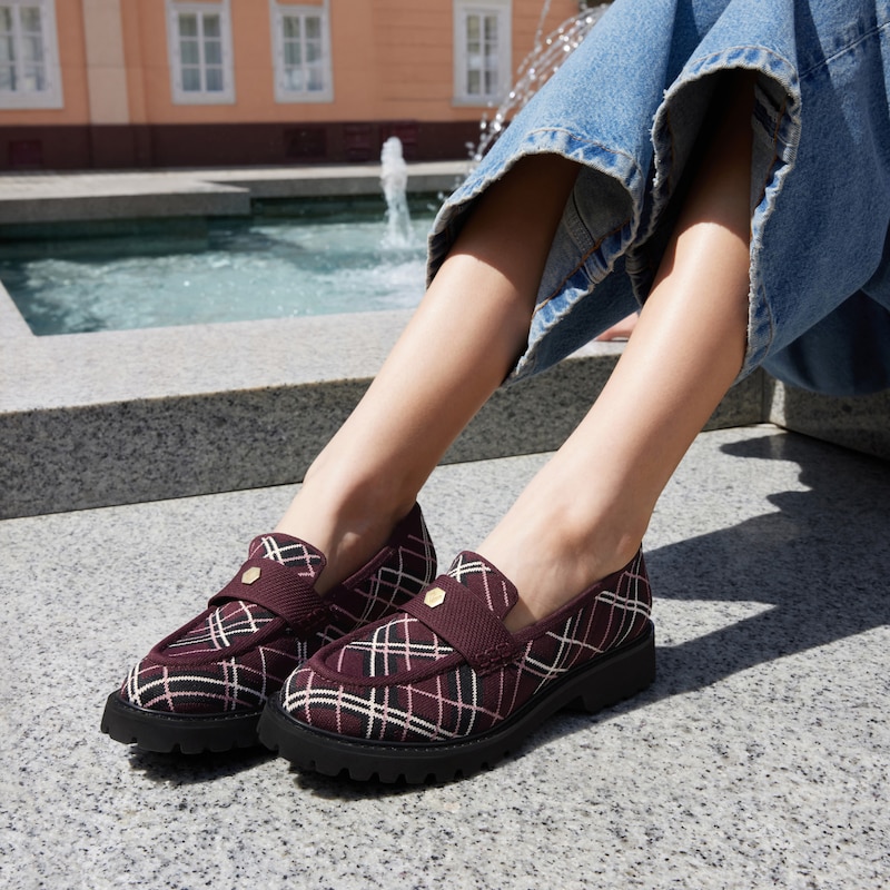 Round-Toe Platform Chunky Heel Loafers (Francesca), BURGUNDY LINED PLAID, EU35 | VIVAIA