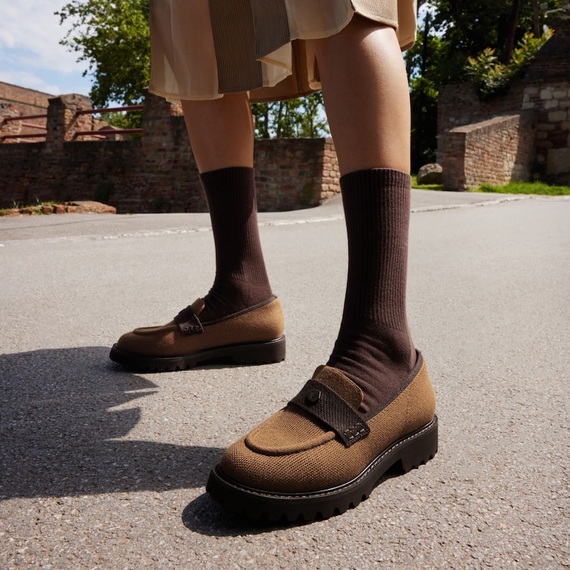 Round-Toe Platform Chunky Heel Loafers (Francesca), CARAMEL DARK CHOCOLATE WOOL, EU39 | VIVAIA