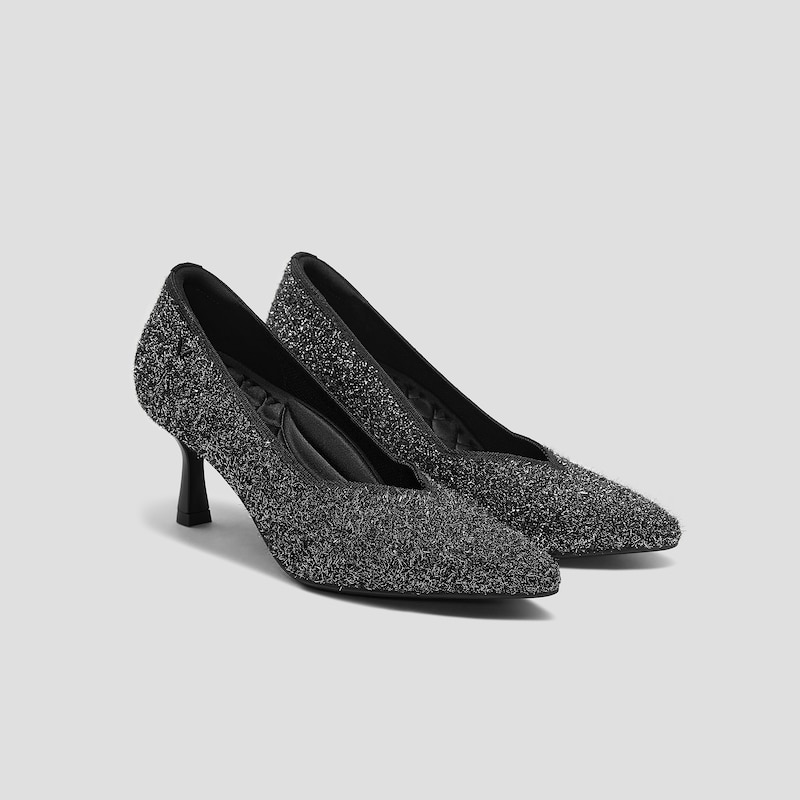 Pointed-Toe Mid Heels (Anna), BLACK SILVER METALLIC, EU35 | VIVAIA