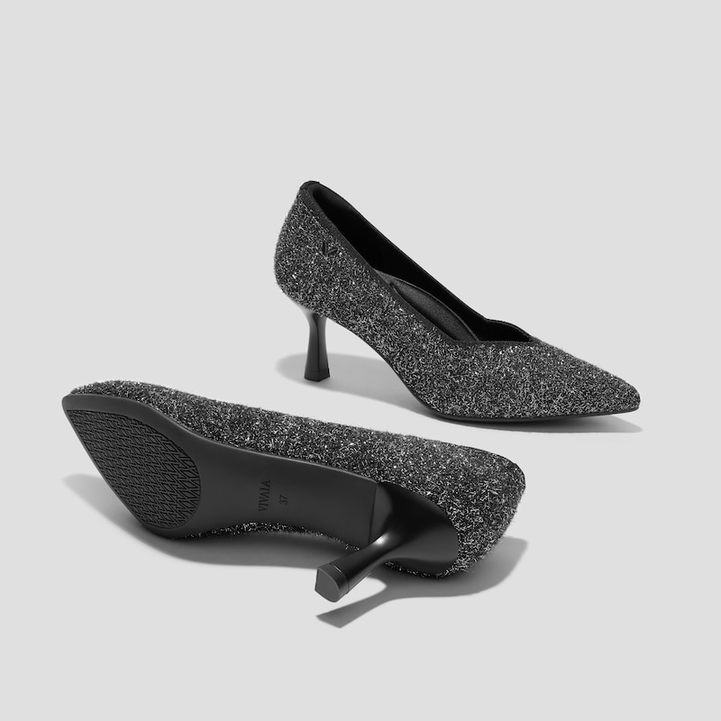 Pointed-Toe Mid Heels (Anna), BLACK SILVER METALLIC, EU35 | VIVAIA