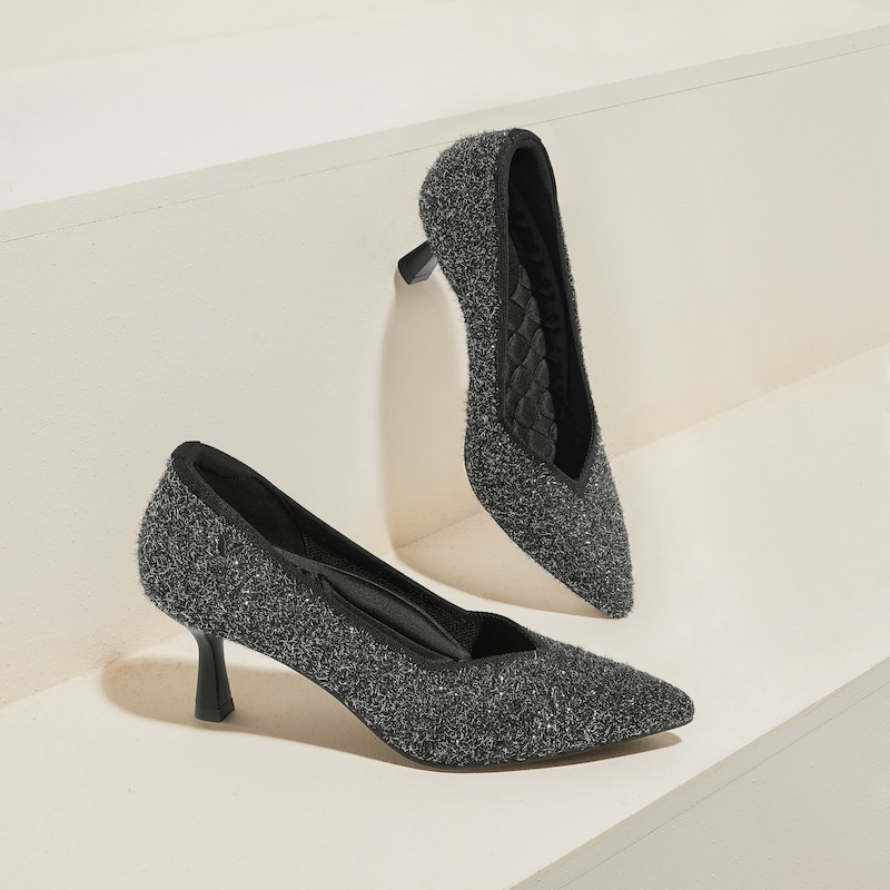 Pointed-Toe Mid Heels (Anna), BLACK SILVER METALLIC, EU35 | VIVAIA