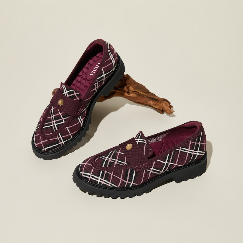 Round-Toe Platform Chunky Heel Loafers (Francesca), BURGUNDY LINED PLAID, EU35 | VIVAIA