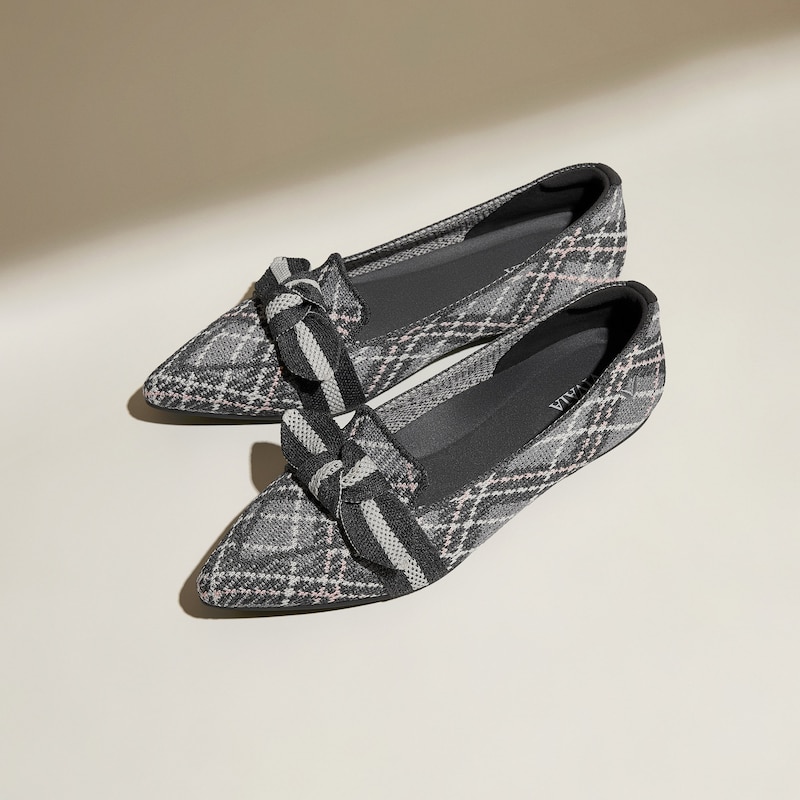 Pointed-Toe Bow Loafers (Michelle 2.0), LIGHT GREY LINED PLAID, EU37 | VIVAIA