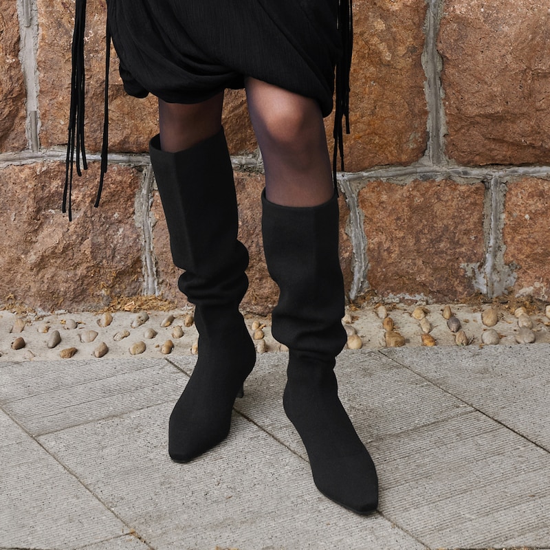 Mini Square-Toe Slouchy Knee-High Kitten Heel Boots (Rumi), BLACK WOOL, EU35 | VIVAIA