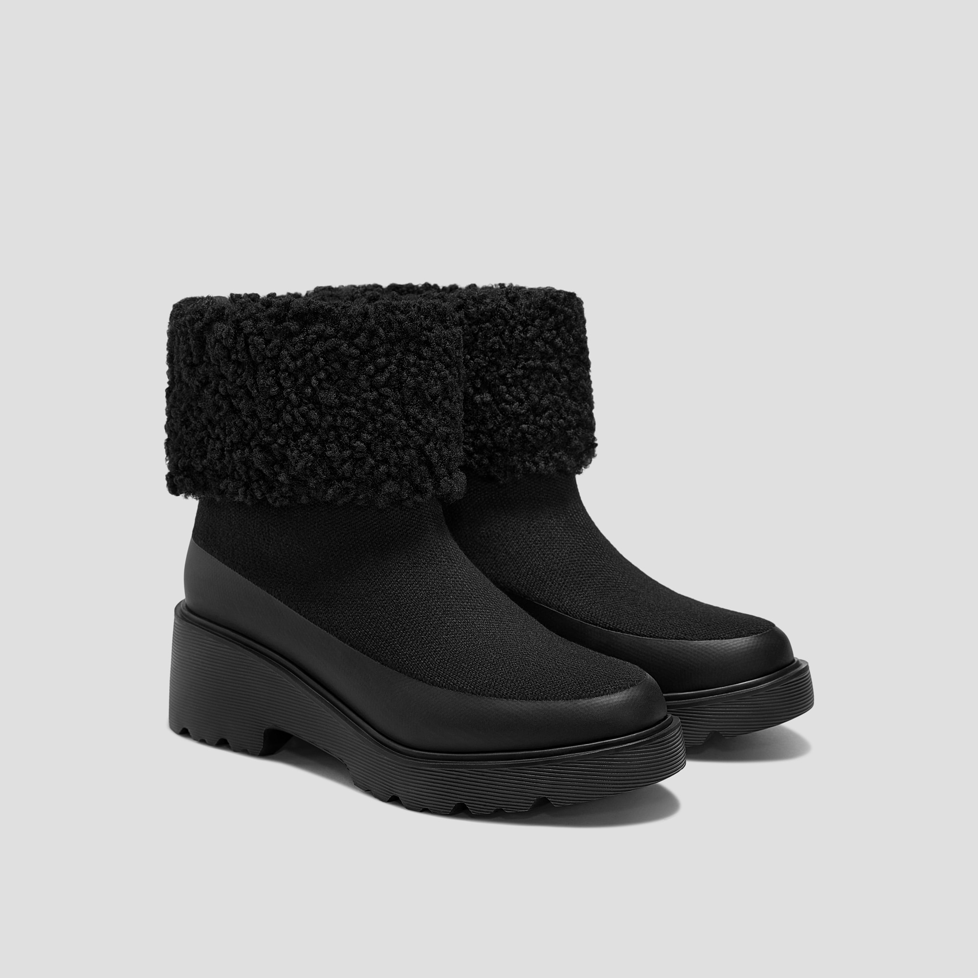 Faux Fur Platform Chunky Wedge Boots（Elaine）, BLACK WOOL, EU35