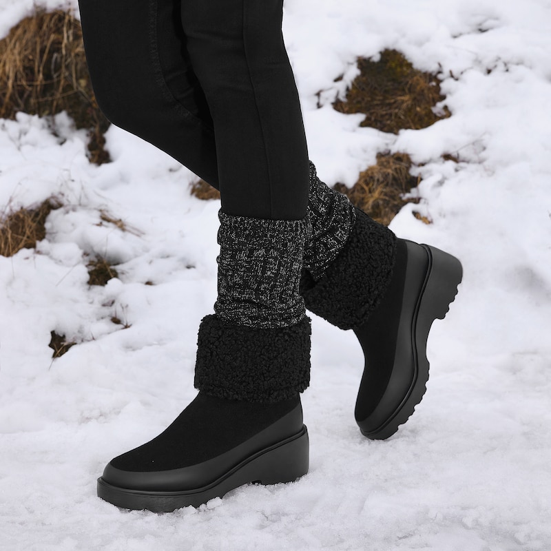 Faux Fur Platform Chunky Wedge Boots（Elaine）, BLACK WOOL, EU35 | VIVAIA