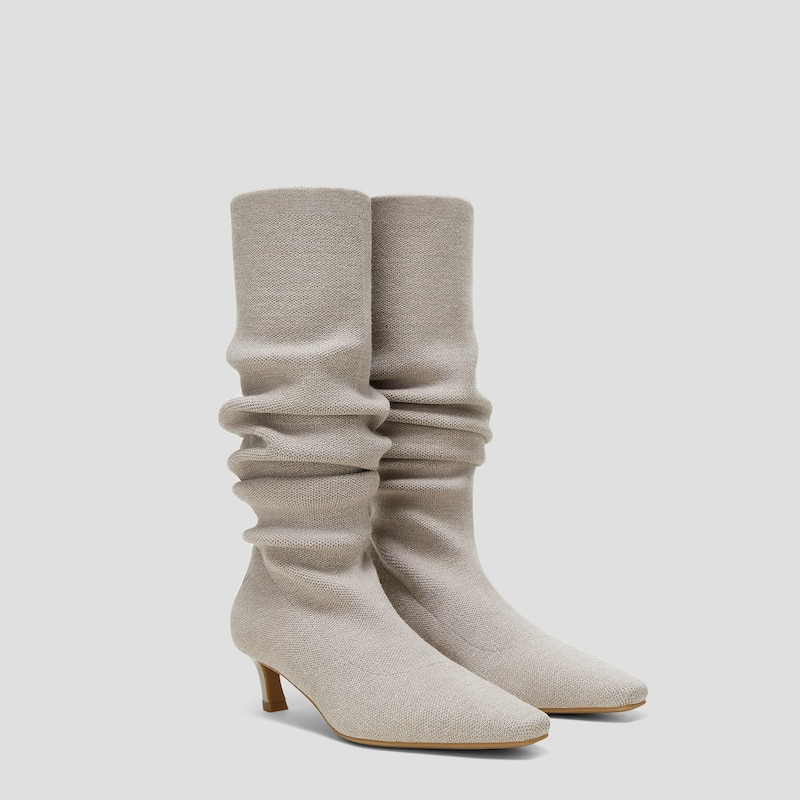 Mini Square-Toe Slouchy Knee-High Kitten Heel Boots (Rumi), OATMILK WOOL, EU38 | VIVAIA