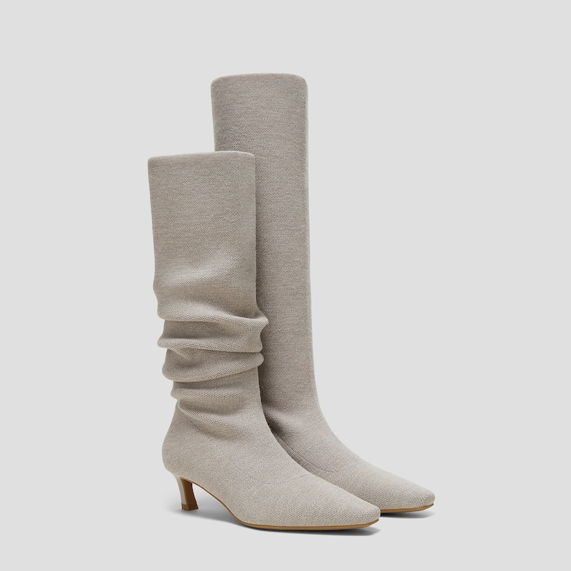 Mini Square-Toe Slouchy Knee-High Kitten Heel Boots (Rumi), OATMILK WOOL, EU38 | VIVAIA