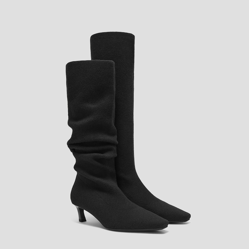 Mini Square-Toe Slouchy Knee-High Kitten Heel Boots (Rumi), BLACK WOOL, EU35 | VIVAIA