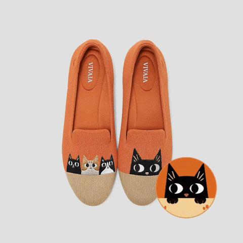 VIVAIA ビバイア アニマルシューズ 猫 Round-Toe Embroidered Loafers (Audrey), APRICOT NUDE - RURAL CAT