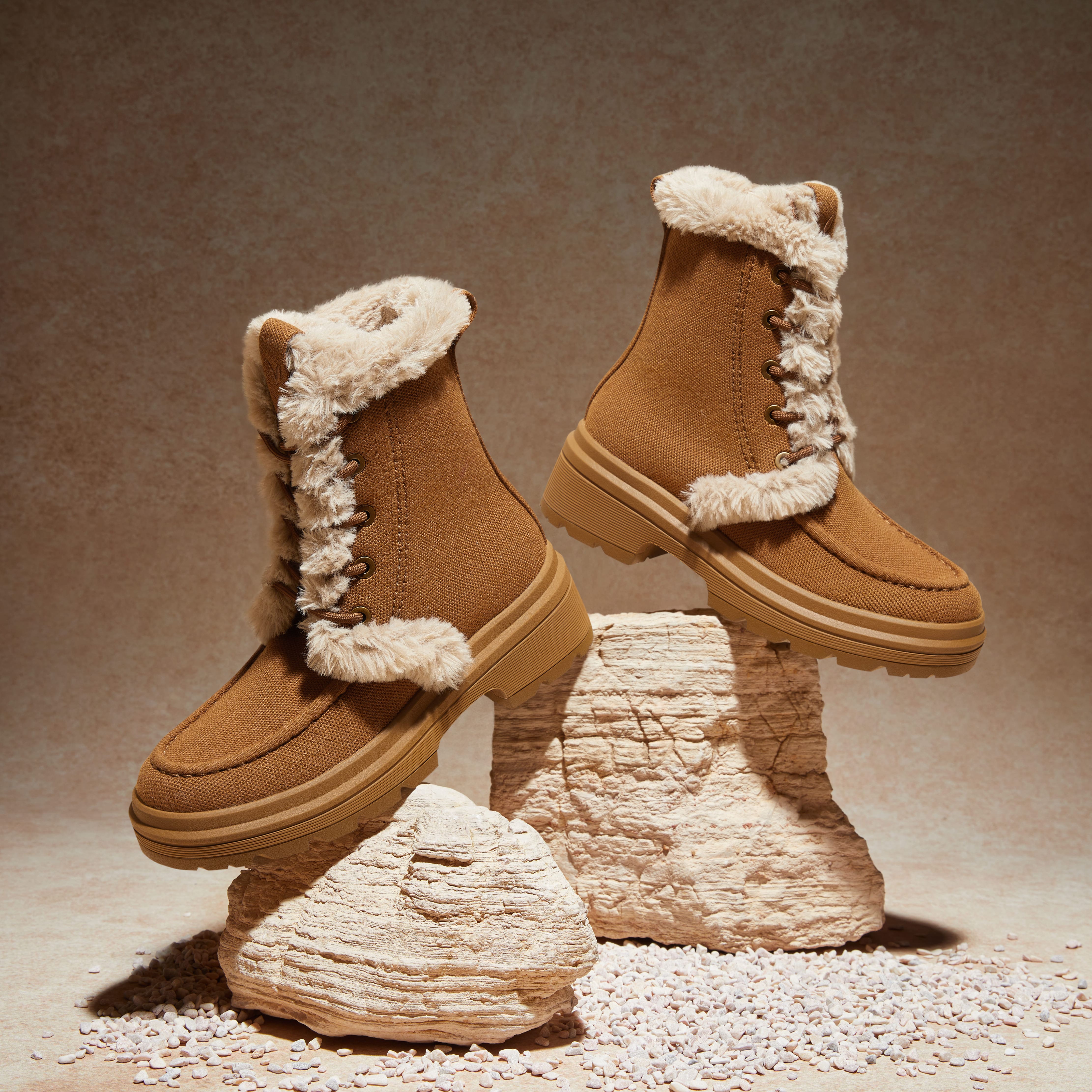 Faux Fur Water-Repellent Lightweight Warm Boots (Terry), CARAMEL