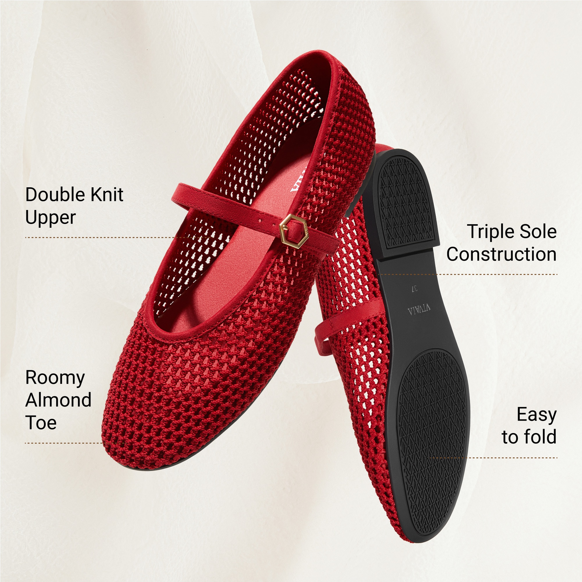 美品！VIVAIA 赤 フラットシューズ メッシュ　VIVAIAフラットシューズ Square-Toe Mary-Jane (Margot Mary-Jane), RUBY RED MESH, EU35 | VIVAIA