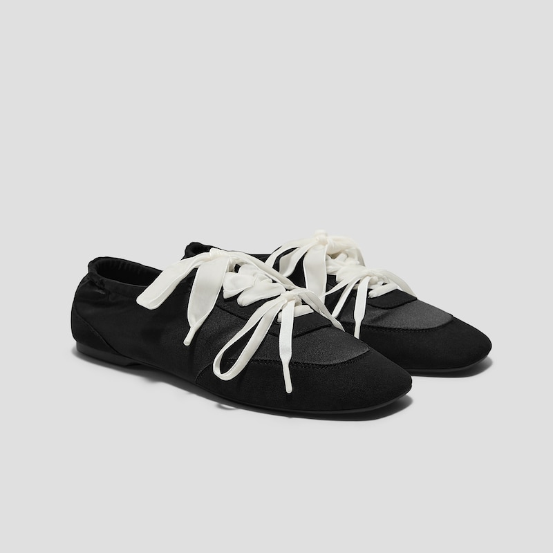 Black Swan × VIVAIA Square-Toe Lace-Up Satin Sneakerina (Cristina), Black, EU38 | VIVAIA