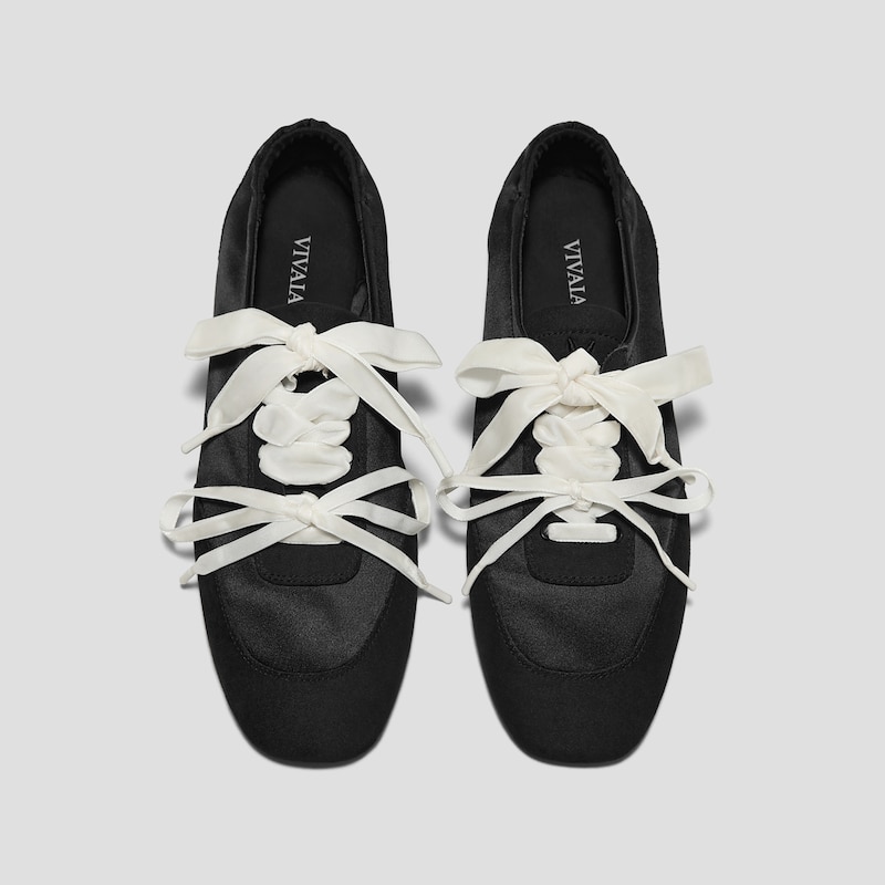 Black Swan × VIVAIA Square-Toe Lace-Up Satin Sneakerina (Cristina), Black, EU38 | VIVAIA
