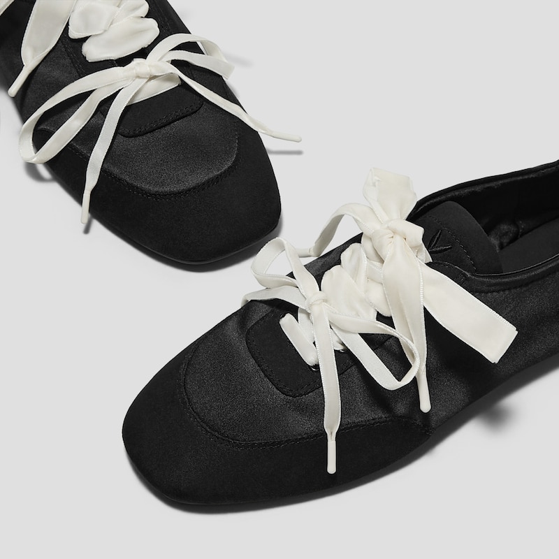 Black Swan × VIVAIA Square-Toe Lace-Up Satin Sneakerina (Cristina), Black, EU38 | VIVAIA