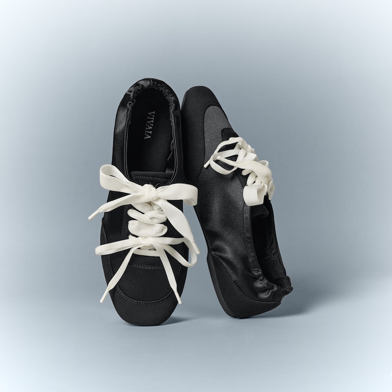 Black Swan × VIVAIA Square-Toe Lace-Up Satin Sneakerina (Cristina), Black, EU38 | VIVAIA