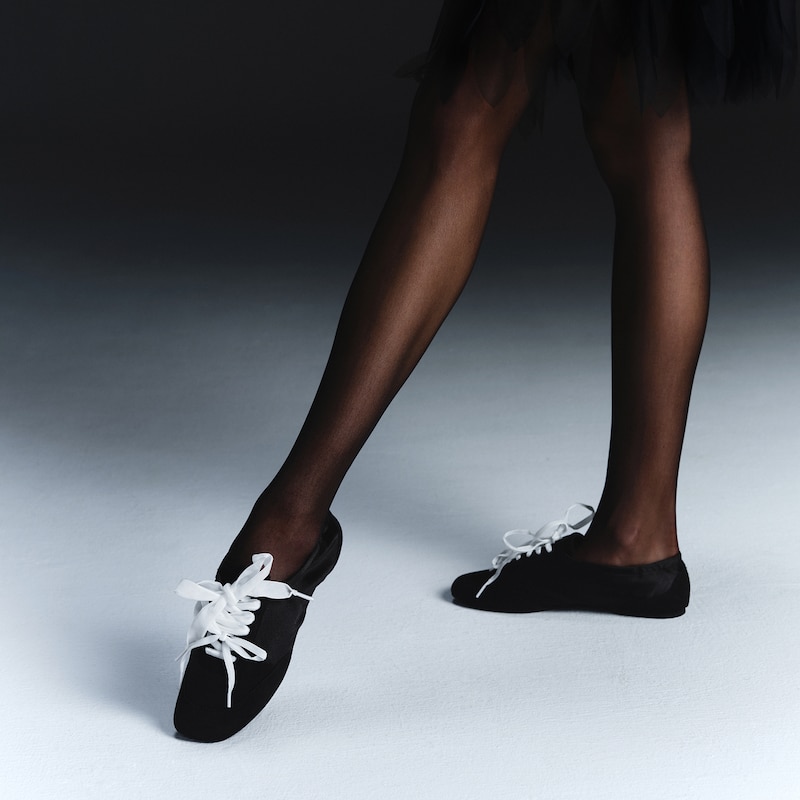 Black Swan × VIVAIA Square-Toe Lace-Up Satin Sneakerina (Cristina), Black, EU38 | VIVAIA