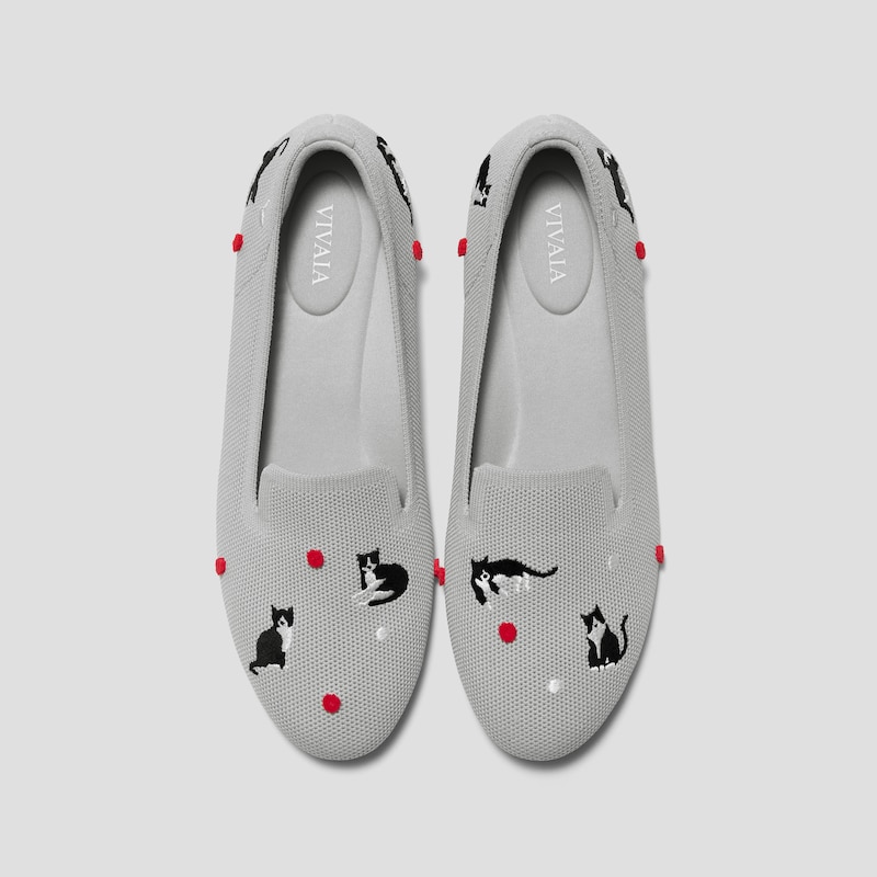 Round-Toe Embroidered Loafers (Audrey), OYSTER GREY-TUXEDO CATS, EU39 | VIVAIA
