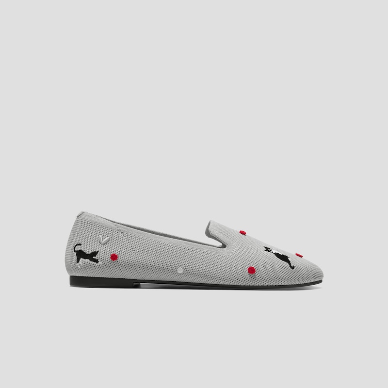 Round-Toe Embroidered Loafers (Audrey), OYSTER GREY-TUXEDO CATS, EU39 | VIVAIA
