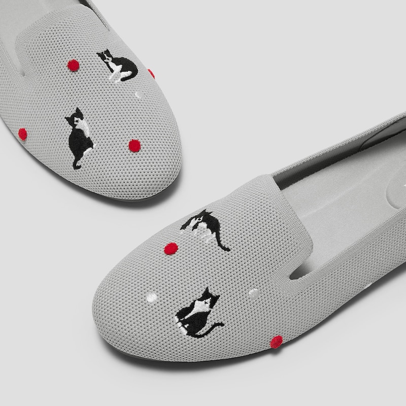 Round-Toe Embroidered Loafers (Audrey), OYSTER GREY-TUXEDO CATS, EU39 | VIVAIA