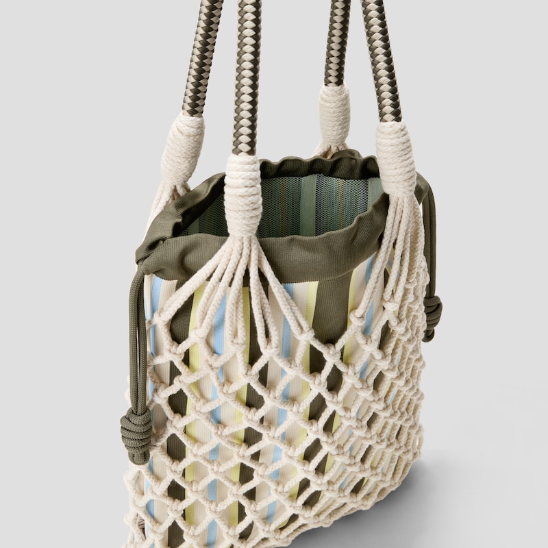 Cotton Rope Net Tote (Anila), PALE APRICOT & OLIVE STRIPE, one-size | VIVAIA