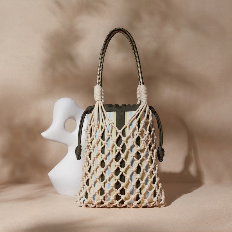 Cotton Rope Net Tote (Anila), PALE APRICOT & OLIVE STRIPE, one-size | VIVAIA