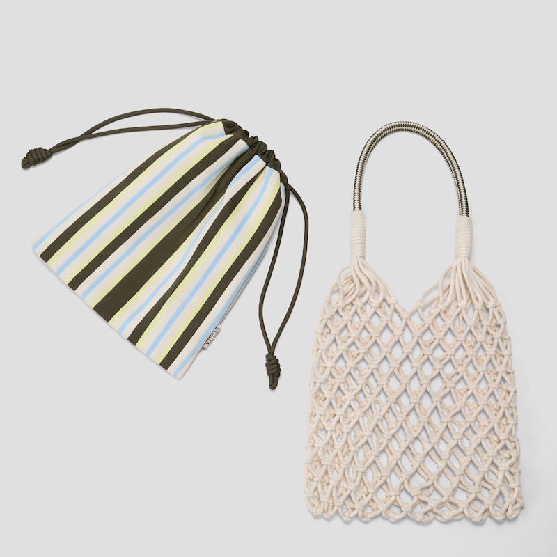 Cotton Rope Net Tote (Anila), PALE APRICOT & OLIVE STRIPE, one-size | VIVAIA
