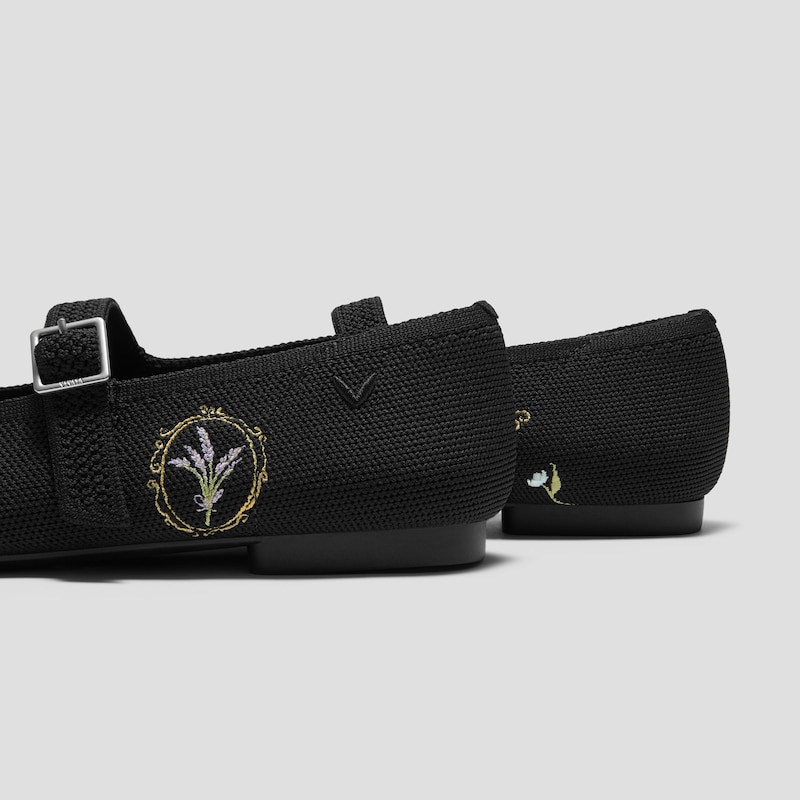 Healing Garden｜Square-Toe Mary Janes (Margot™ Mary Jane), BLACK FRENCH FLORAL Embroidery, EU35 | VIVAIA