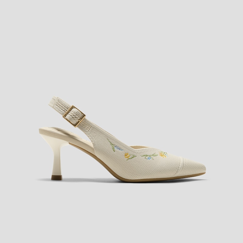 Healing Garden | Pointed-Toe Slingback Heels (Addison), PALE APRICOT FRENCH FLORAL Embroidery, EU38 | VIVAIA