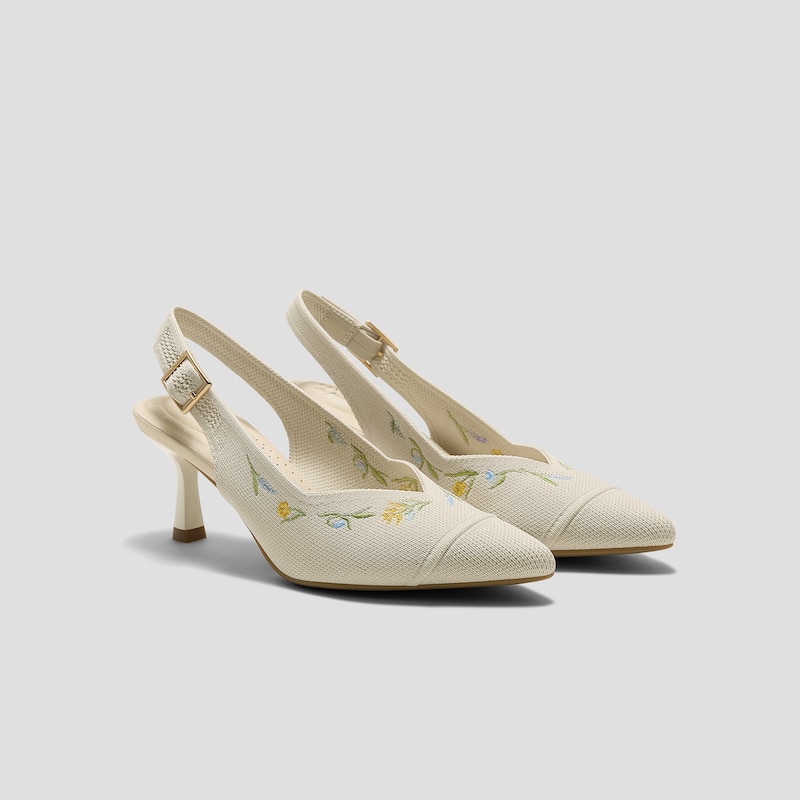 Healing Garden | Pointed-Toe Slingback Heels (Addison), PALE APRICOT FRENCH FLORAL Embroidery, EU38 | VIVAIA
