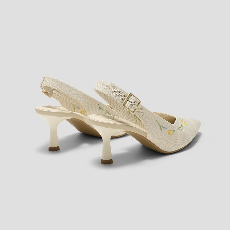 Healing Garden | Pointed-Toe Slingback Heels (Addison), PALE APRICOT FRENCH FLORAL Embroidery, EU38 | VIVAIA