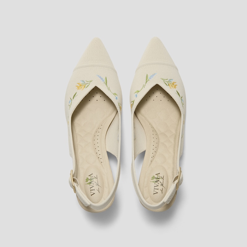 Healing Garden | Pointed-Toe Slingback Heels (Addison), PALE APRICOT FRENCH FLORAL Embroidery, EU38 | VIVAIA