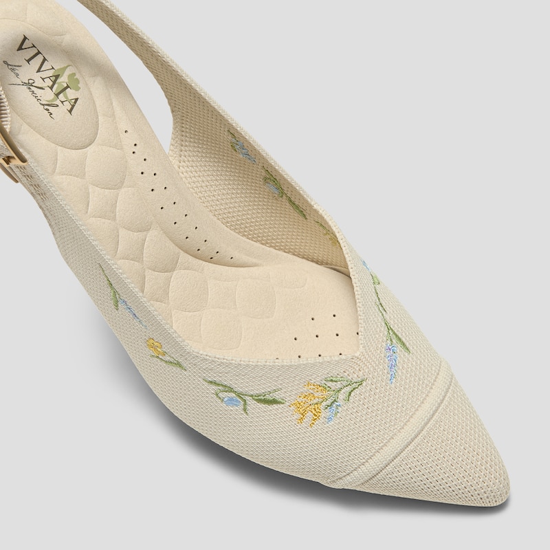 Healing Garden | Pointed-Toe Slingback Heels (Addison), PALE APRICOT FRENCH FLORAL Embroidery, EU38 | VIVAIA