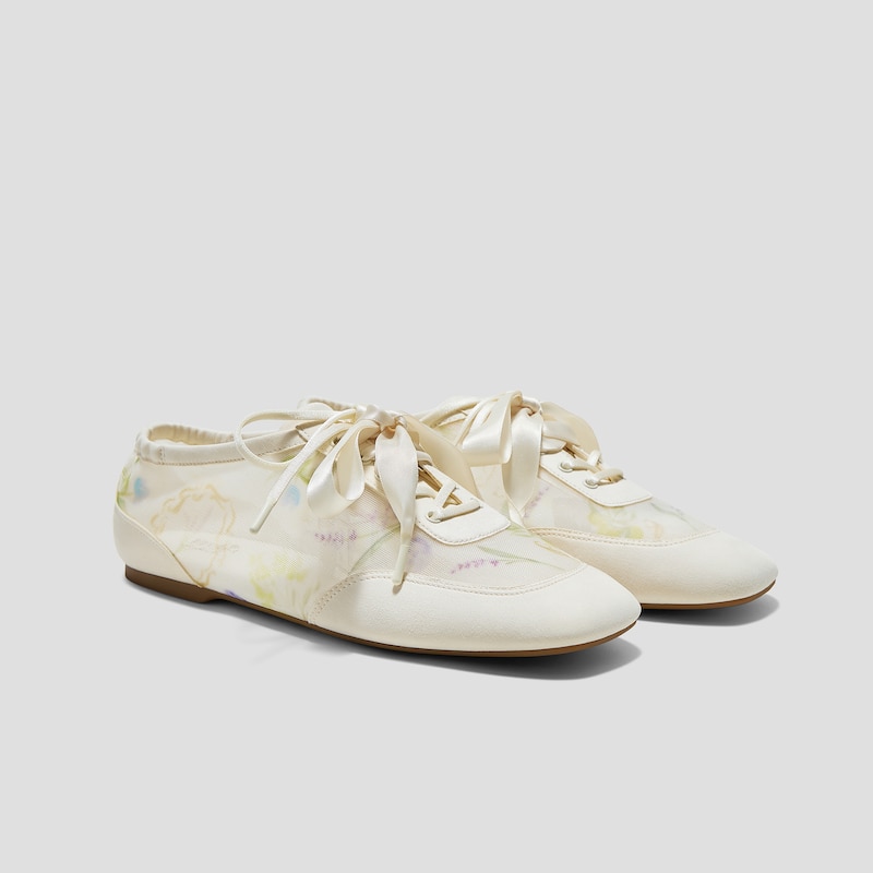 Healing Garden｜Square-Toe Lace-Up Sneakerinas (Cristina), CREAM-FRENCH FLORAL Print, EU38.5 | VIVAIA