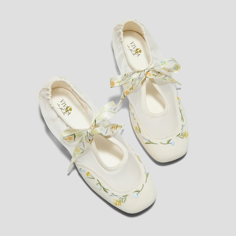 Healing Garden | Square-Toe Organza Sneakerinas (Ciara), CREAM-FRENCH FLORAL Embroidery, EU35 | VIVAIA