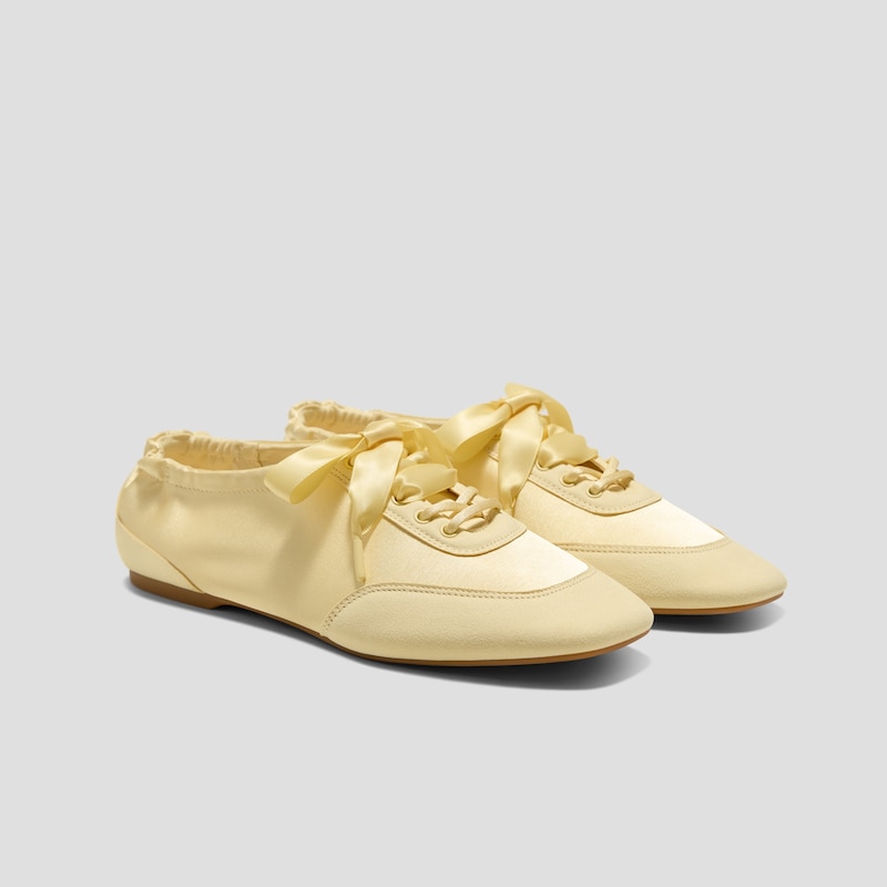Square-Toe Lace-Up Satin Sneakerina (Cristina), Butter Yellow, EU43 | VIVAIA