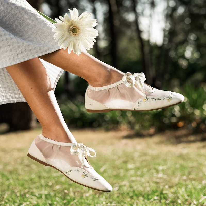 Healing Garden | Square-Toe Organza Sneakerinas (Ciara), CREAM-FRENCH FLORAL Embroidery, EU35 | VIVAIA