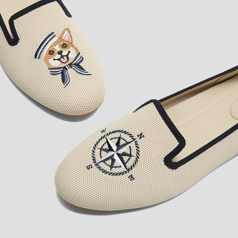 Round-Toe Embroidered Loafers (Audrey), CREAM IVORY/NAVY, EU38 | VIVAIA