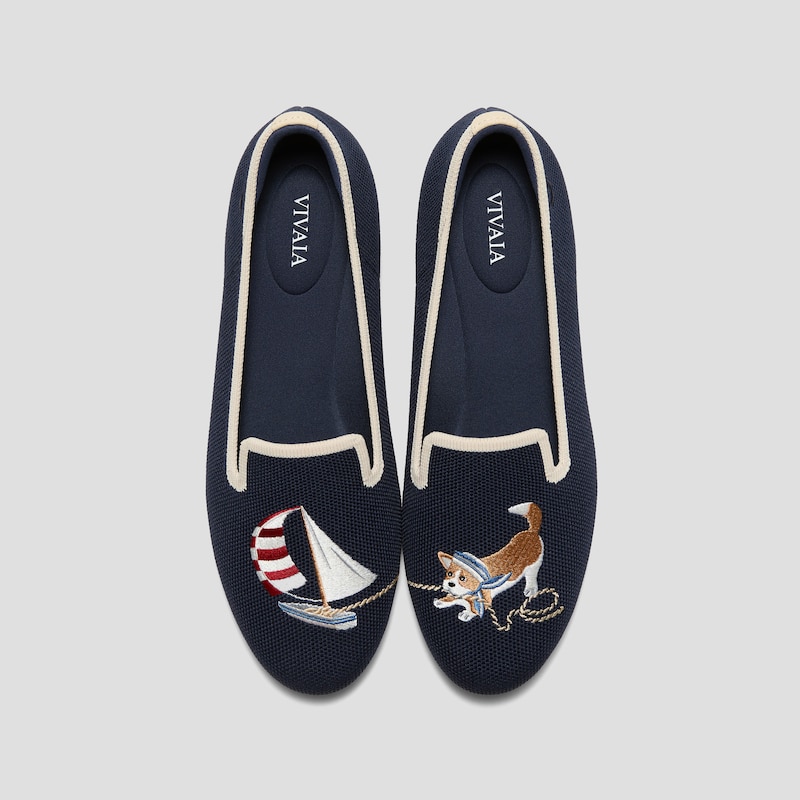 Round-Toe Embroidered Loafers (Audrey), Navy - Cream Ivory-Sailor Corgi, EU43 | VIVAIA
