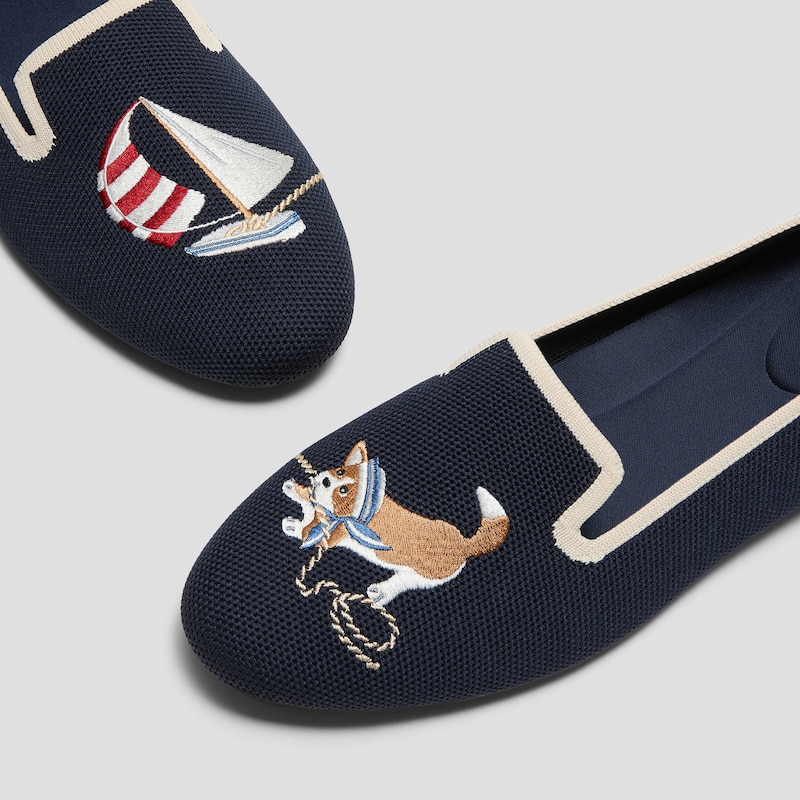 Round-Toe Embroidered Loafers (Audrey), Navy - Cream Ivory-Sailor Corgi, EU43 | VIVAIA