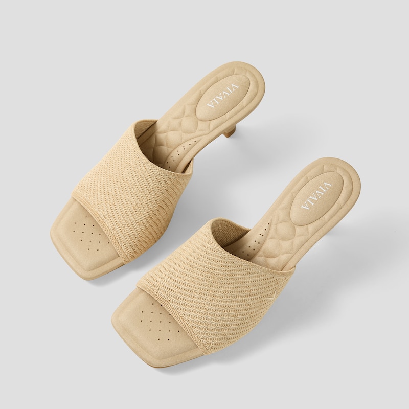 Square-Toe Slide Sandals (Aimee), NATURAL WHEAT HERRINGBONE, EU35 | VIVAIA