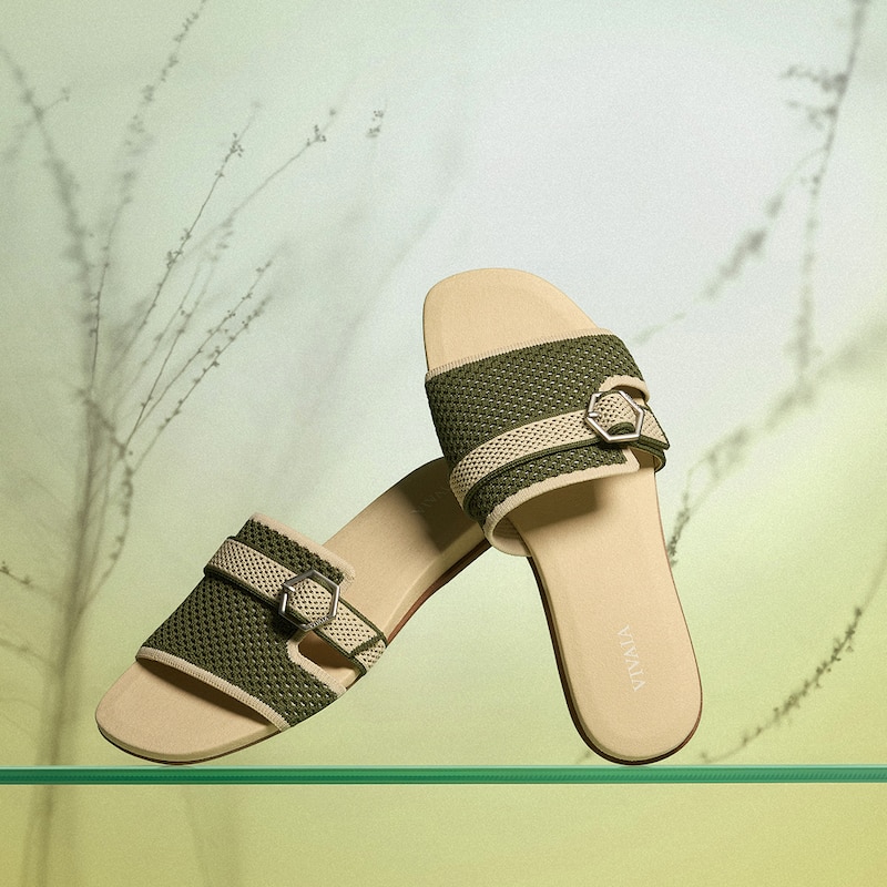 Square-Toe Flat Sandals (Delia), Olive Drab Basket, EU35 | VIVAIA