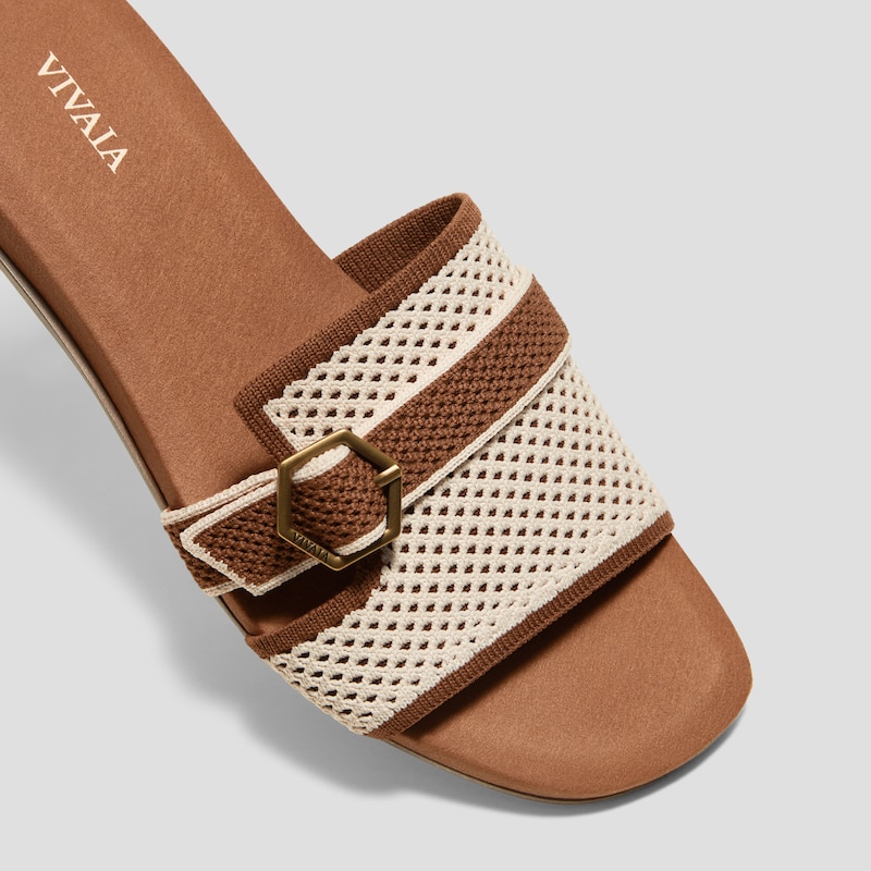 Square-Toe Flat Sandals (Delia), Cream Ivory & Dark Caramel Basket, EU35 | VIVAIA